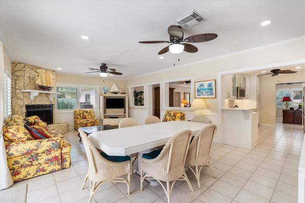 Dining room, Fireplace, Interior, Kitchen, Living room, Recessed Lighting, Stone Walls
