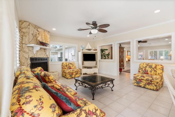 Fireplace, Interior, Living room, Recessed Lighting, Stone Walls