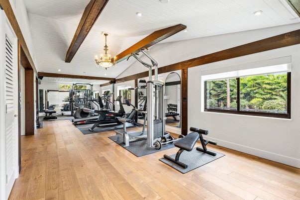 Chandelier, Fitness Equipment, Gym, Interior, Recessed Lighting, Wooden Beams, Wood Texture Flooring