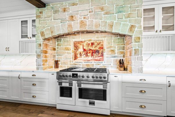 Interior, Kitchen, Stainless Steel Appliances, Stone Walls, Wood Texture Flooring