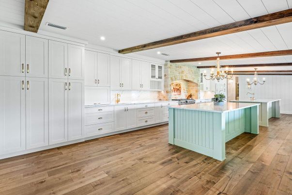 Chandelier, Interior, Kitchen, Recessed Lighting, Wooden Beams, Wood Texture Flooring