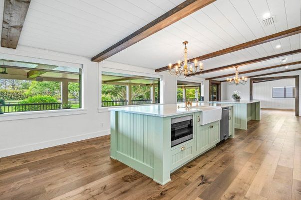 Chandelier, Interior, Kitchen, Recessed Lighting, Wooden Beams, Wood Texture Flooring