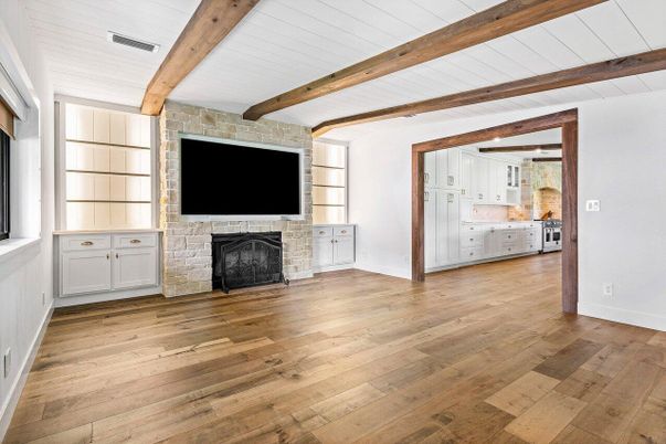 Empty room, Fireplace, Interior, Wooden Beams, Wood Texture Flooring