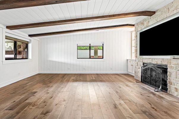 Empty room, Fireplace, Interior, Wooden Beams, Wood Texture Flooring