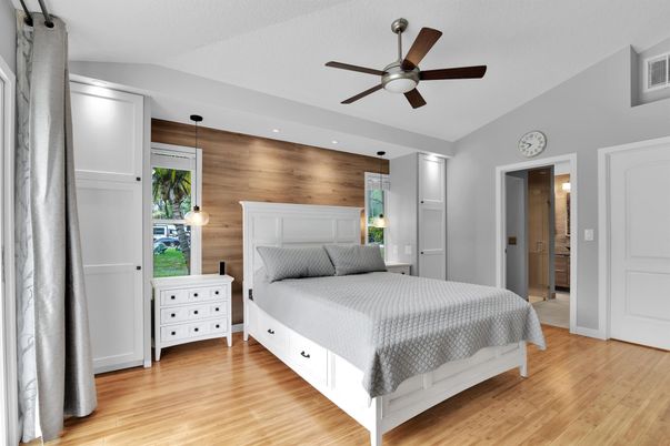 Bedroom, Interior, Recessed Lighting, Wood Texture Flooring, Wooden Walls