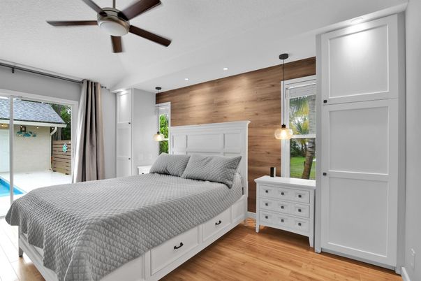 Bedroom, Interior, Recessed Lighting, Wood Texture Flooring, Wooden Walls