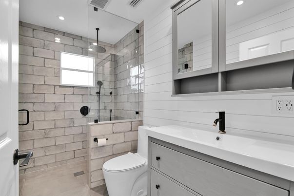 Bathroom, Glass Shower, Interior, Recessed Lighting, Stone Walls