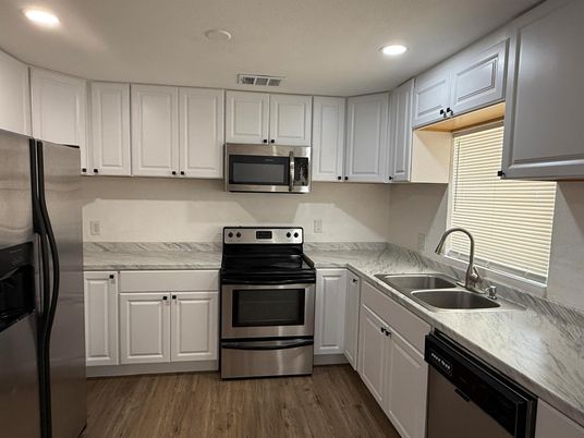 Interior, Kitchen, Recessed Lighting, Stainless Steel Appliances, Wood Texture Flooring