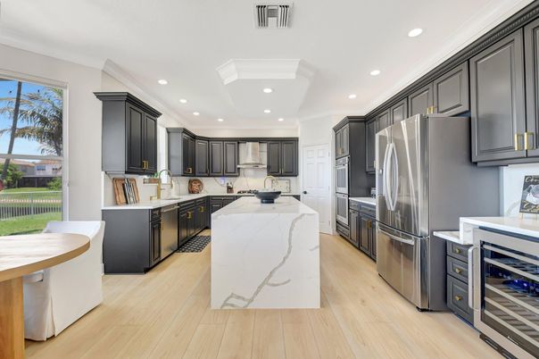 Interior, Kitchen, Recessed Lighting, Stainless Steel Appliances, Wood Texture Flooring