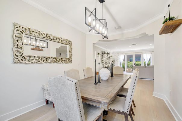 Dining room, Interior, Pendant Lights, Recessed Lighting, Wood Texture Flooring