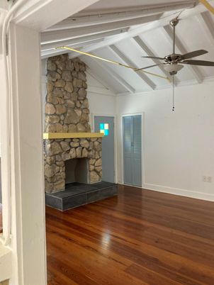 Empty room, Fireplace, Interior, Stone Walls, Wood Texture Flooring