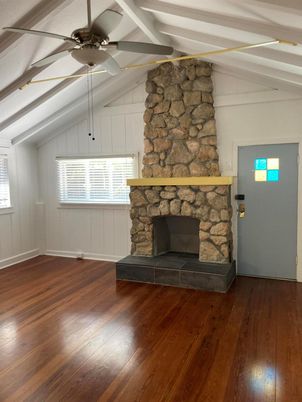 Empty room, Fireplace, Interior, Stone Walls, Wood Texture Flooring