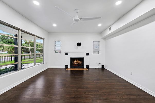 Empty room, Fireplace, Interior, Recessed Lighting, Wood Texture Flooring