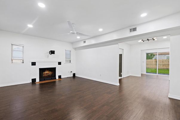 Empty room, Fireplace, Interior, Recessed Lighting, Wood Texture Flooring
