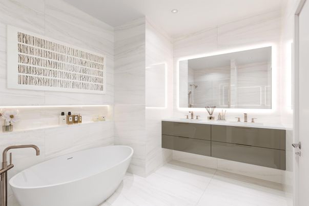 Bathroom, Dual Sink Vanities, Free Standing Baths, Interior, Marble Walls, Recessed Lighting