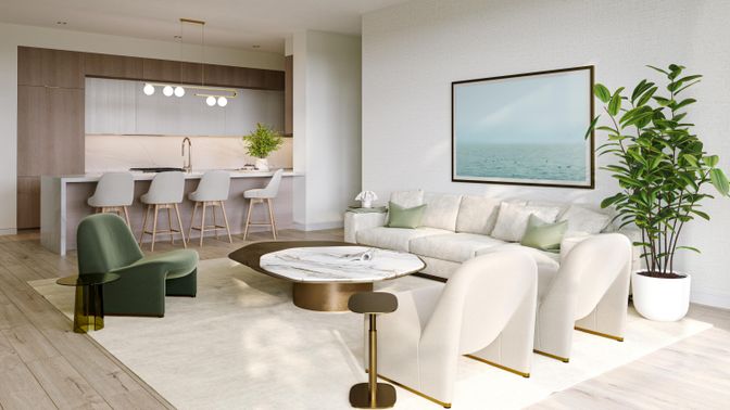 Interior, Living room, Pendant Lights, Recessed Lighting, Water, Wood Texture Flooring