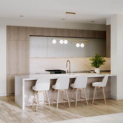 Interior, Kitchen, Marble Walls, Pendant Lights, Recessed Lighting, Wood Texture Flooring