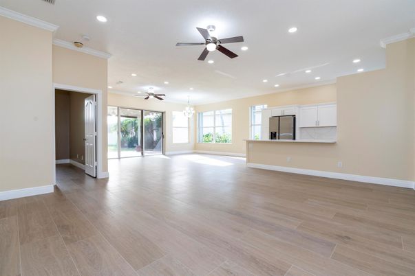 Chandelier, Empty room, Interior, Recessed Lighting, Wood Texture Flooring