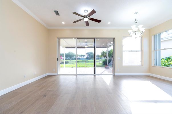 Chandelier, Empty room, Interior, Recessed Lighting, Wood Texture Flooring