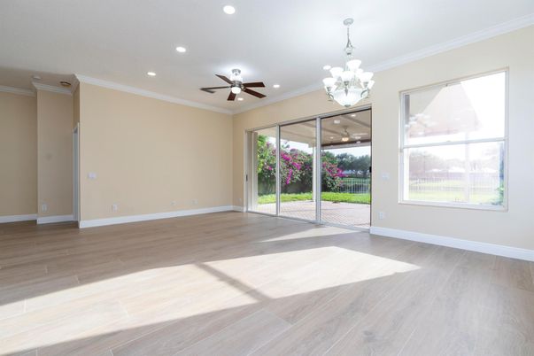 Chandelier, Empty room, Interior, Recessed Lighting, Wood Texture Flooring