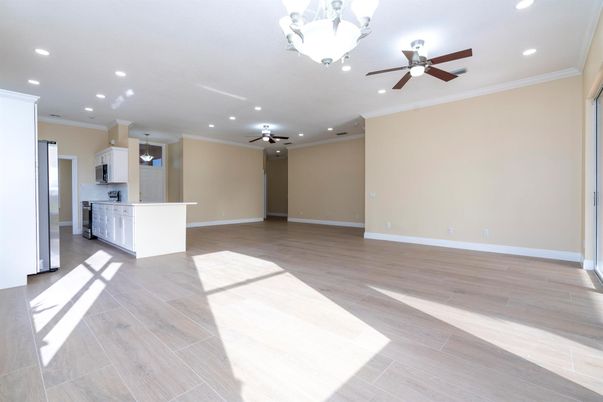 Empty room, Interior, Kitchen, Recessed Lighting, Wood Texture Flooring