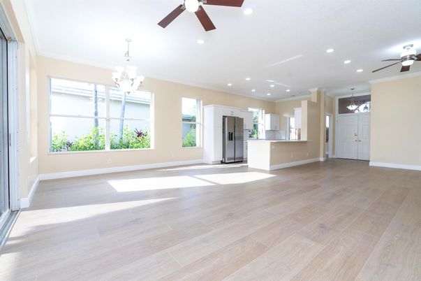 Chandelier, Empty room, Interior, Kitchen, Recessed Lighting, Wood Texture Flooring