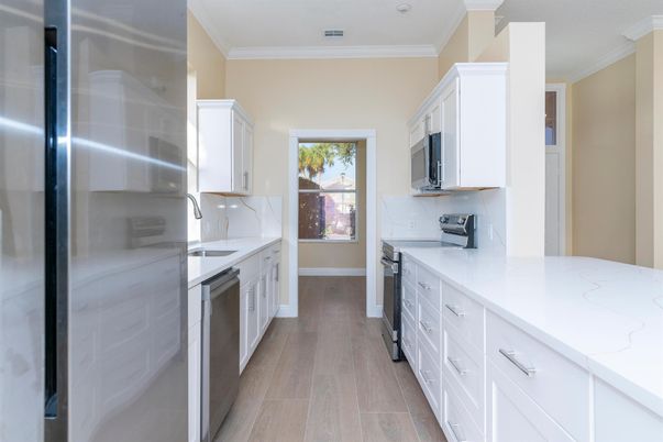 Interior, Kitchen, Stainless Steel Appliances, Wood Texture Flooring