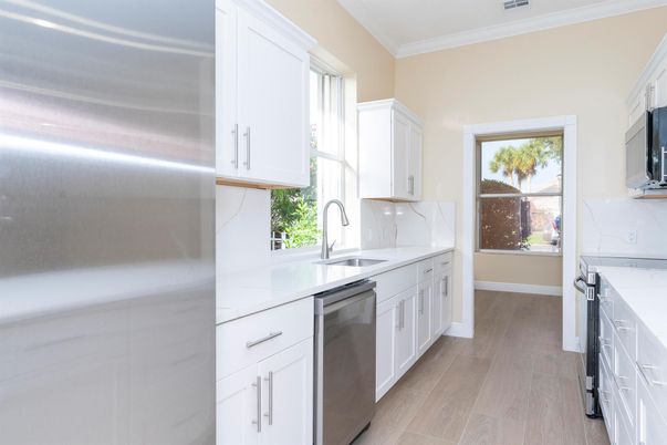 Interior, Kitchen, Marble Walls, Stainless Steel Appliances, Wood Texture Flooring