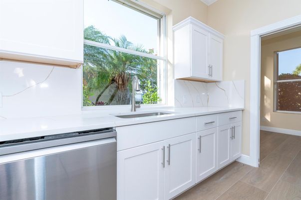 Interior, Kitchen, Marble Walls, Stainless Steel Appliances, Wood Texture Flooring