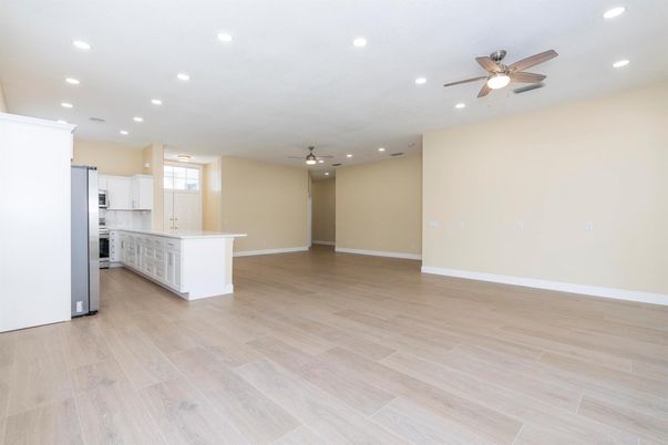 Empty room, Interior, Kitchen, Recessed Lighting, Wood Texture Flooring
