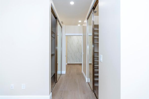 Interior, Marble Walls, Recessed Lighting, Wood Texture Flooring