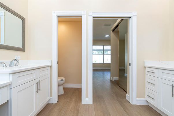 Bathroom, Interior, Recessed Lighting, Wood Texture Flooring