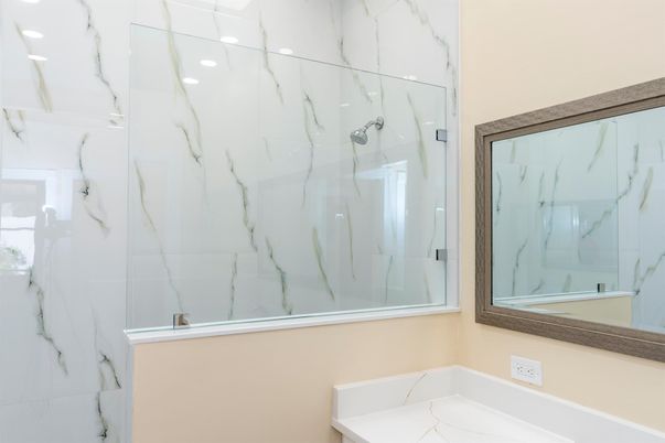 Bathroom, Glass Shower, Interior, Marble Walls, Recessed Lighting