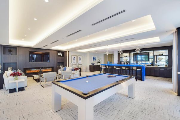 Billiard Table, Fireplace, Game Room, Interior, Living room, Pendant Lights, Recessed Lighting