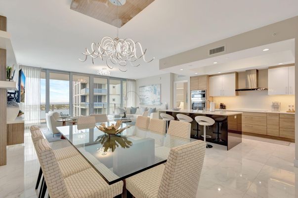 Chandelier, Dining room, Interior, Kitchen, Living room, Marble, Recessed Lighting, Stainless Steel Appliances, Water