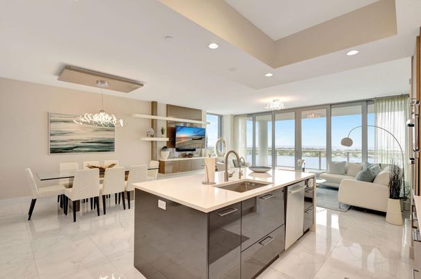 Chandelier, Dining room, Interior, Kitchen, Living room, Marble, Recessed Lighting, Water