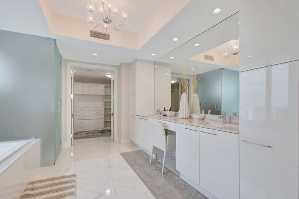 Bathroom, Chandelier, Dual Sink Vanities, Interior, Marble, Recessed Lighting