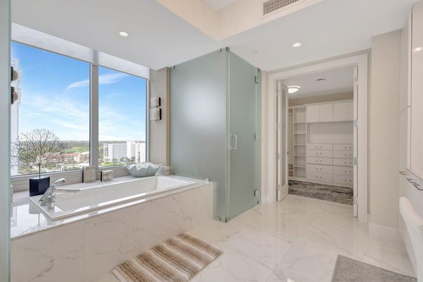 Bathroom, Glass Shower, Interior, Marble, Recessed Lighting