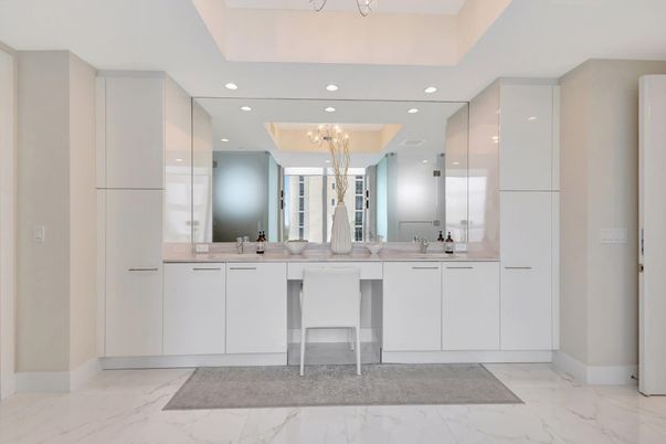 Bathroom, Dual Sink Vanities, Interior, Marble, Recessed Lighting