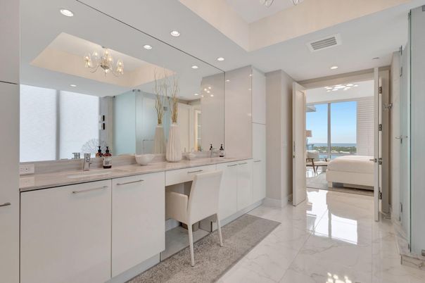 Bathroom, Chandelier, Dual Sink Vanities, Interior, Marble, Recessed Lighting, Water