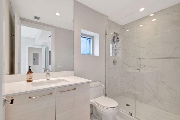 Bathroom, Glass Shower, Interior, Marble Walls, Recessed Lighting