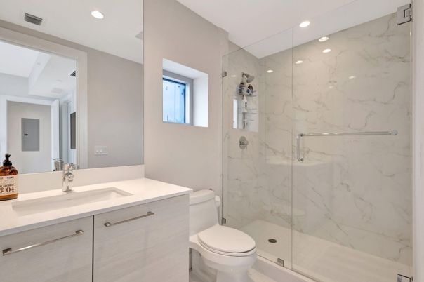 Bathroom, Glass Shower, Interior, Marble Walls, Recessed Lighting
