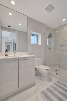 Bathroom, Glass Shower, Interior, Marble, Marble Walls, Recessed Lighting
