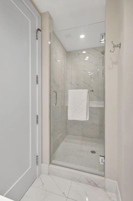 Bathroom, Glass Shower, Interior, Marble, Marble Walls, Recessed Lighting
