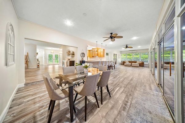 Dining room, Interior, Pendant Lights, Recessed Lighting, Wood Texture Flooring