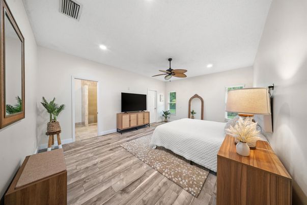 Bedroom, Interior, Recessed Lighting, Wood Texture Flooring
