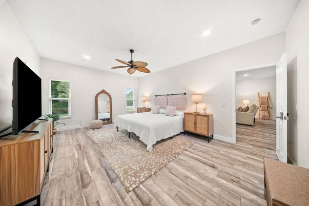 Bedroom, Interior, Recessed Lighting, Wood Texture Flooring
