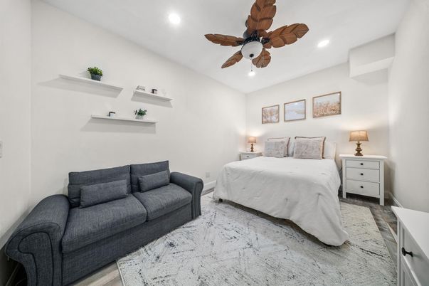 Bedroom, Interior, Recessed Lighting, Wood Texture Flooring