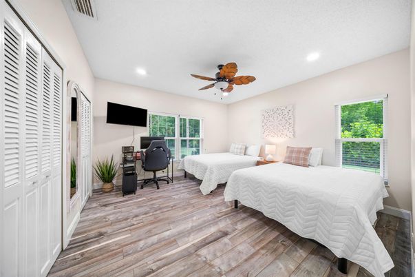 Bedroom, Home Office, Interior, Recessed Lighting, Wood Texture Flooring