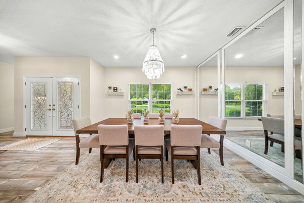 Dining room, Interior, Pendant Lights, Recessed Lighting, Wood Texture Flooring